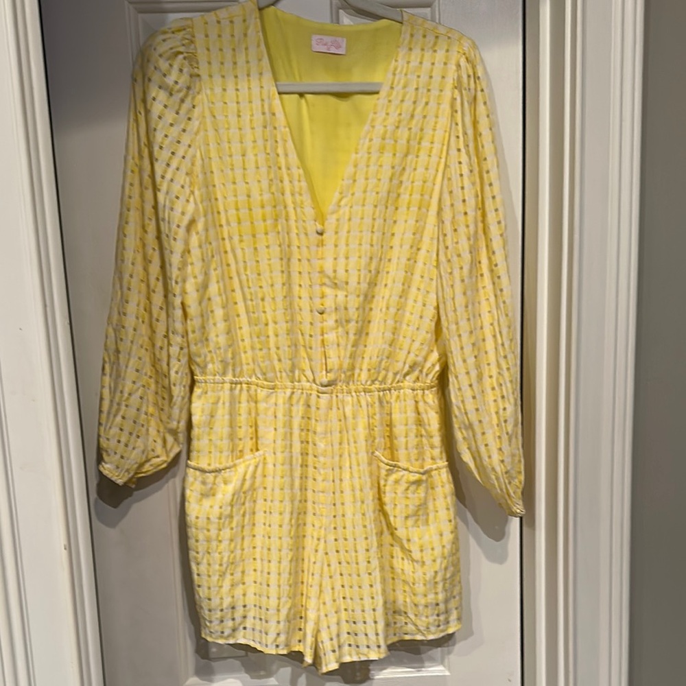 Pink Lily small Yellow Plaid Button-Up Romper. Like new